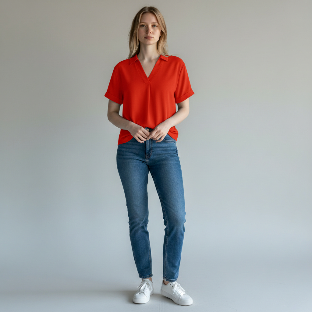 Annie Ks Boutique red short sleeve woven blouse with a collared V-neck, worn by a model with blue jeans and sneakers.