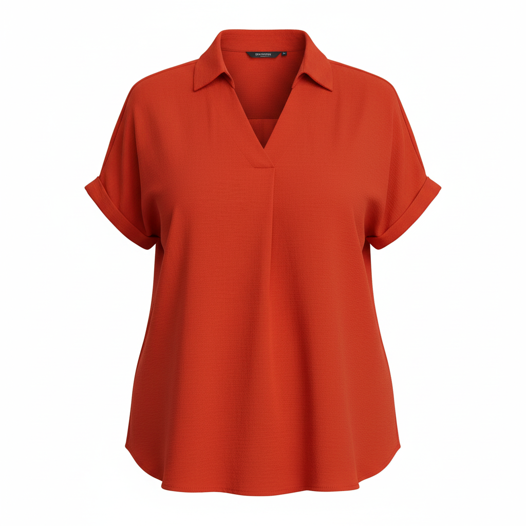 Annie Ks Boutique red curvy short sleeve woven blouse with a collared V-neckline and rolled cuff details.