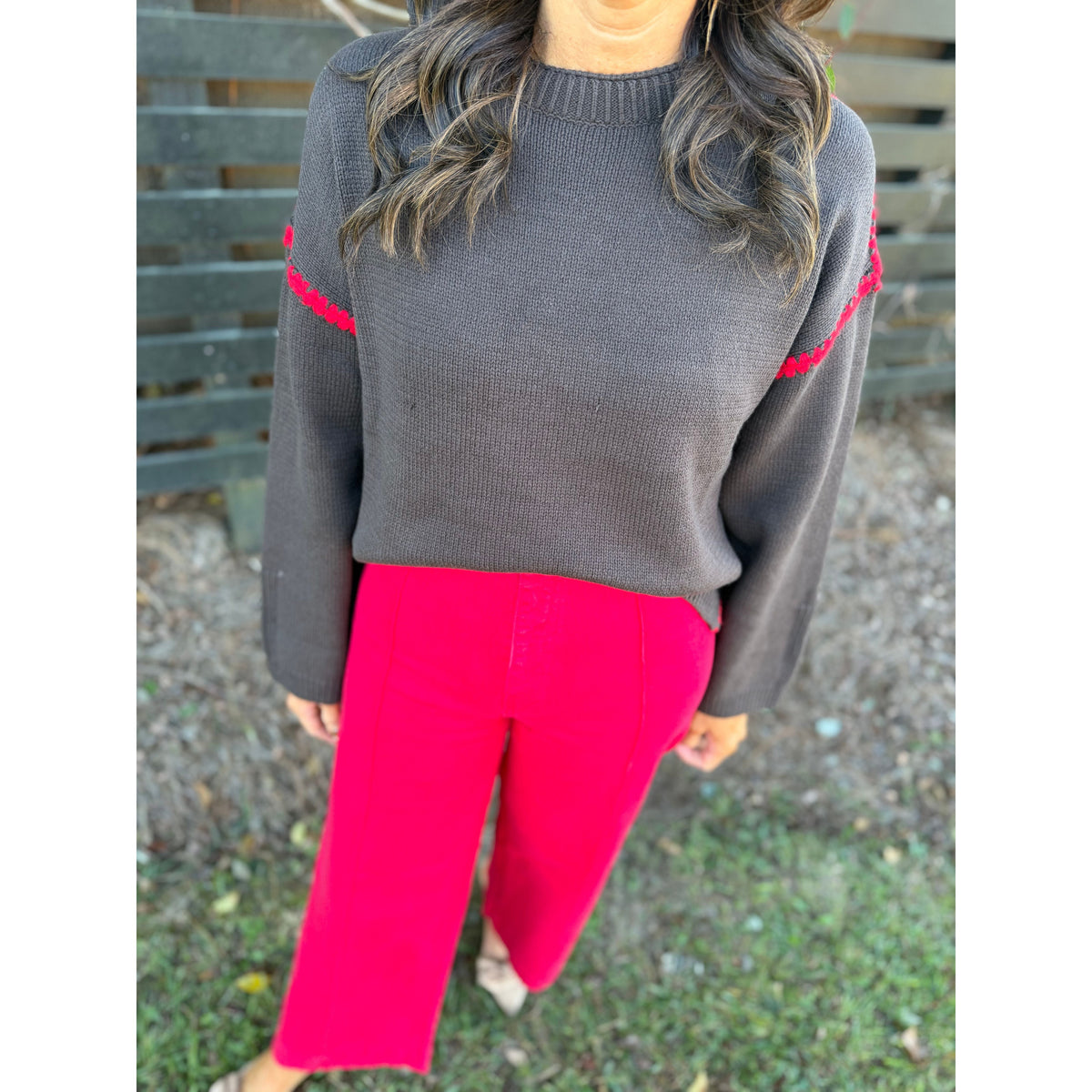 Annie Ks Boutique high-waisted wide-leg ankle pants in Cornell Red stretch cotton twill paired with a grey sweater