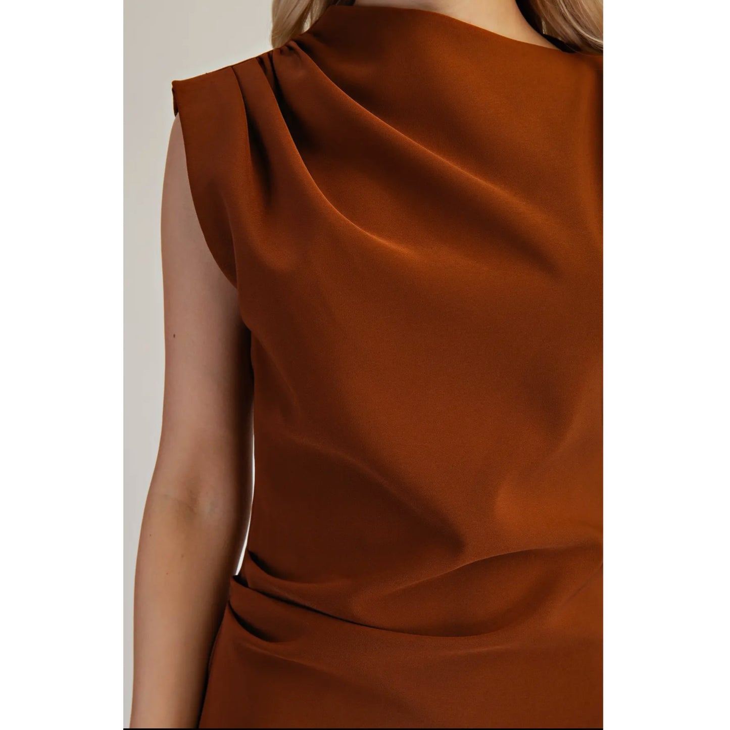 Annie Ks Boutique Riley mini dress in rust brown featuring a sophisticated boat neckline and structured fabric