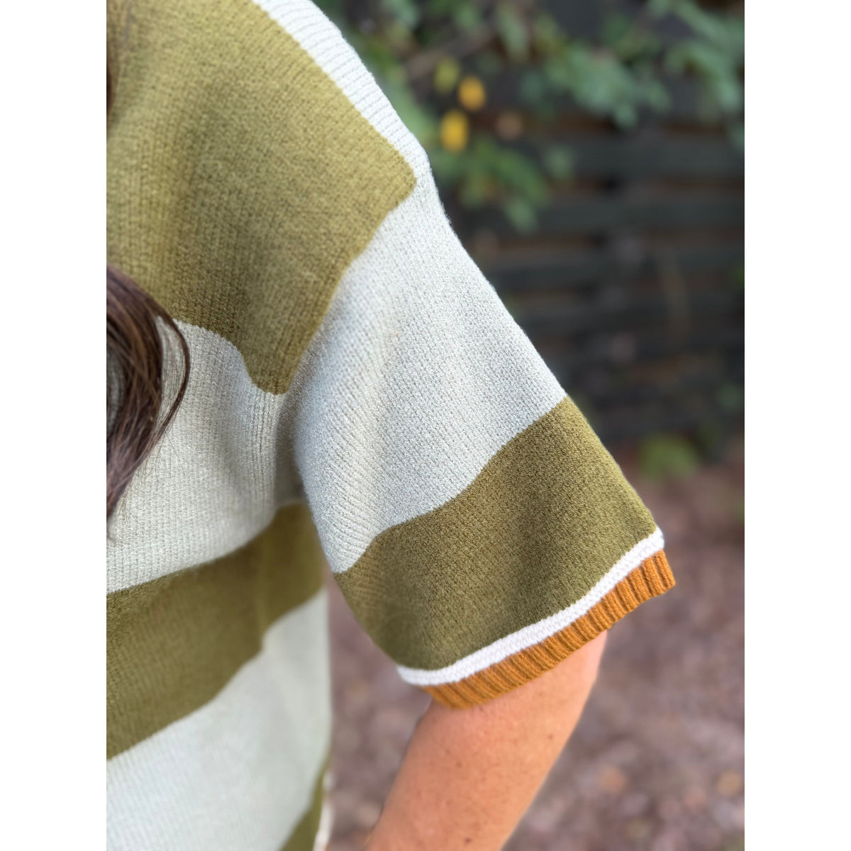 Annie Ks Boutique sage and olive wide striped knit cardigan with drop shoulders and ribbed sleeve cuffs