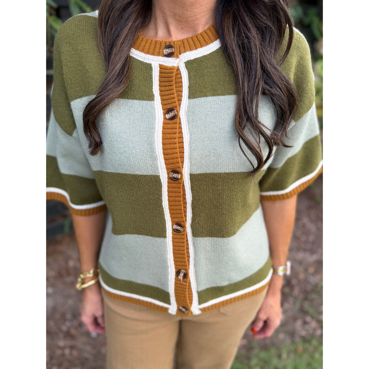 Annie Ks Boutique sage and olive wide striped cardigan with button-down front and drop-shoulder relaxed fit