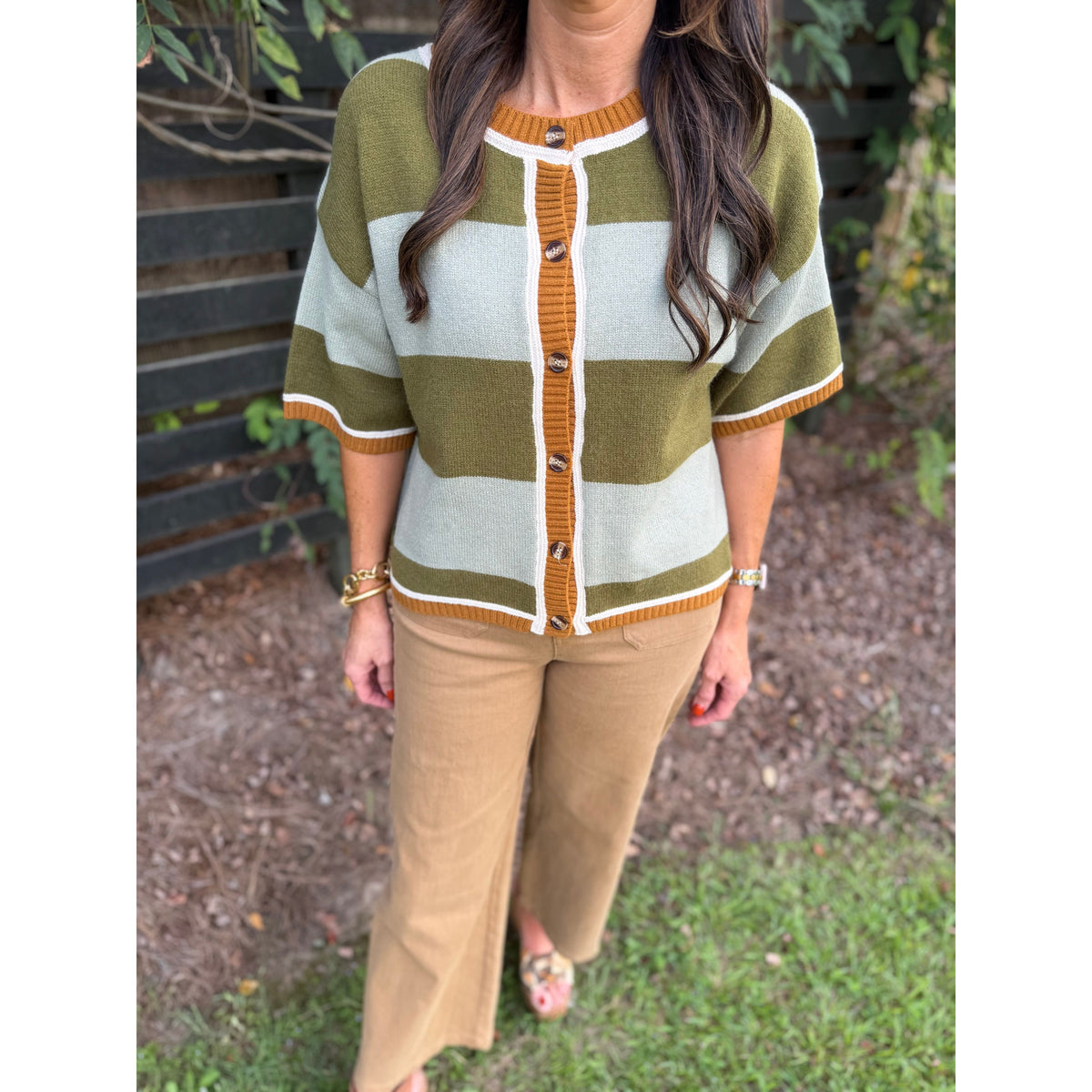 Annie Ks Boutique sage and olive wide striped knit cardigan with button-down front and drop shoulders