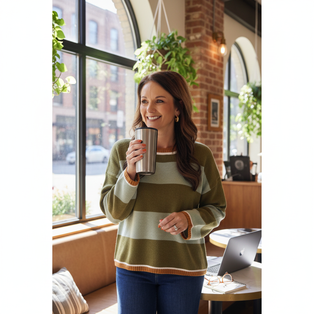 Woman wearing an Annie Ks Boutique sage and olive green striped cozy knit sweater with a crew neck in a cafe setting.