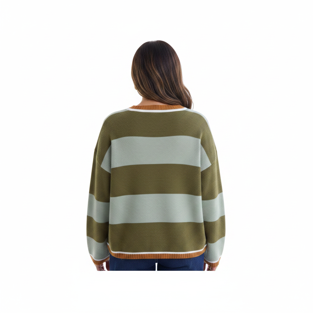 Annie Ks Boutique sage and olive green striped cozy knit sweater with ribbed trim, back view on a model