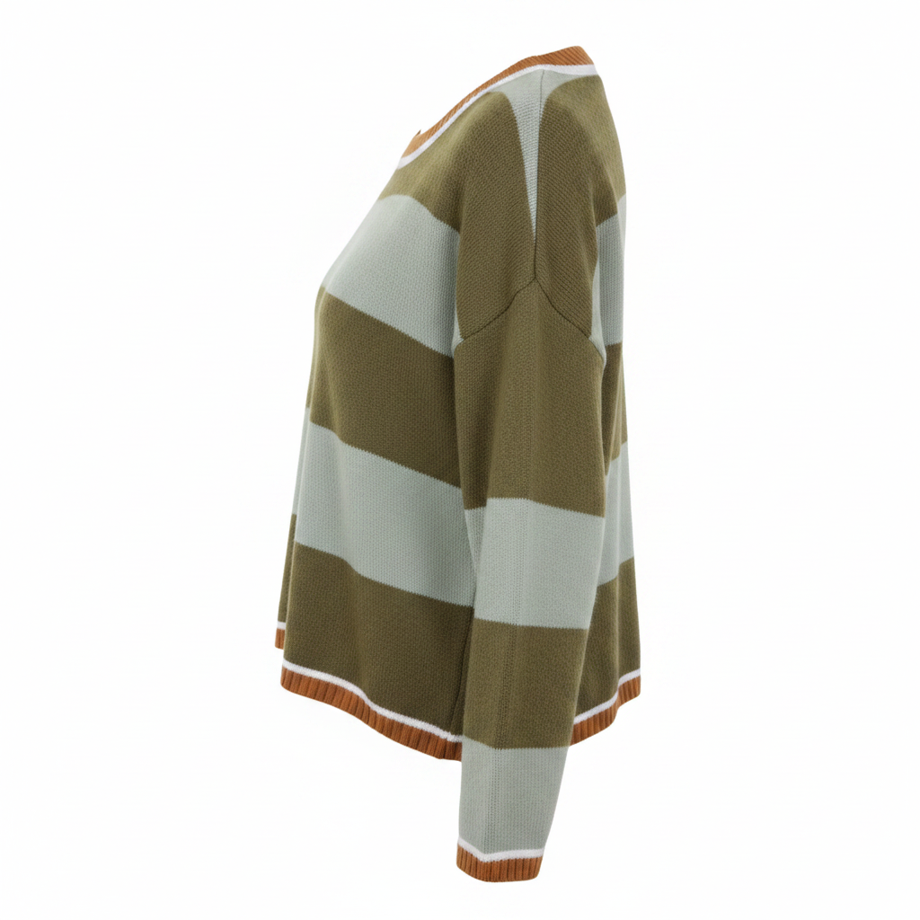Annie Ks Boutique sage and olive green striped cozy knit sweater with a crew neck and ribbed trim, side view