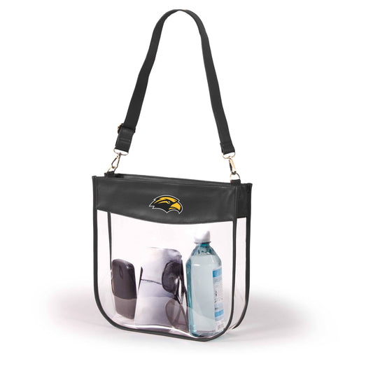 Annie Ks Boutique Southern Miss clear vinyl stadium tote with black vegan leather trim, brass hardware, and zipper.