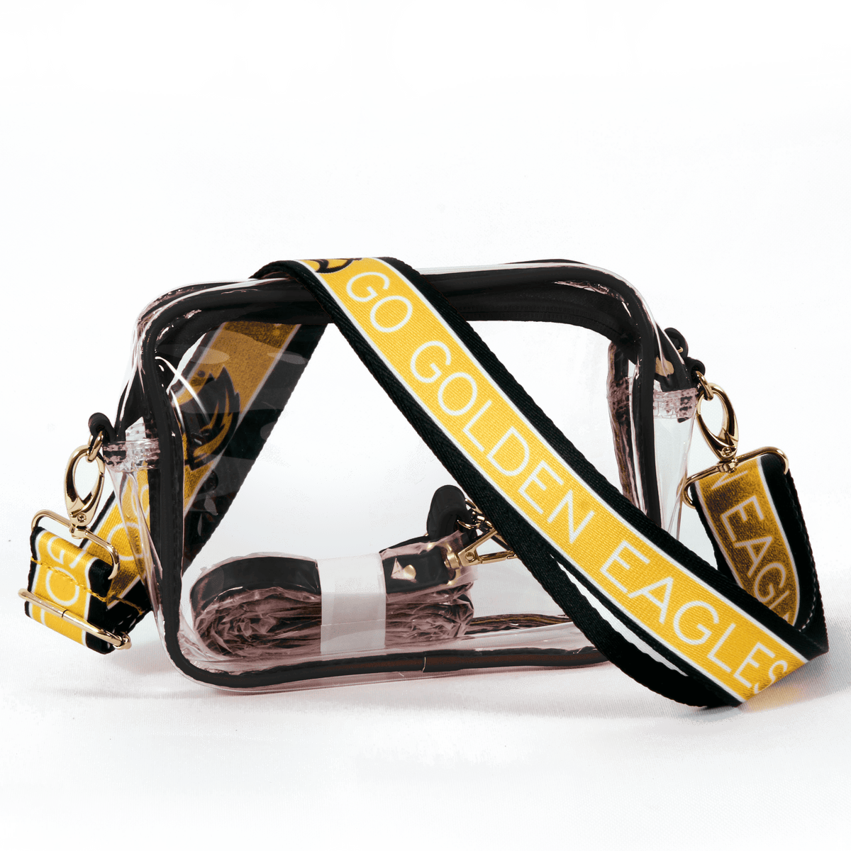 Annie Ks Boutique Southern Miss Golden Eagles clear stadium-approved crossbody purse with custom logo strap