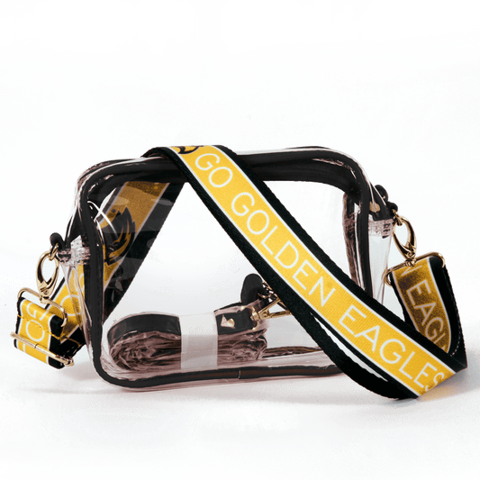 Annie Ks Boutique Southern Miss Golden Eagles clear stadium-approved crossbody purse with custom logo strap