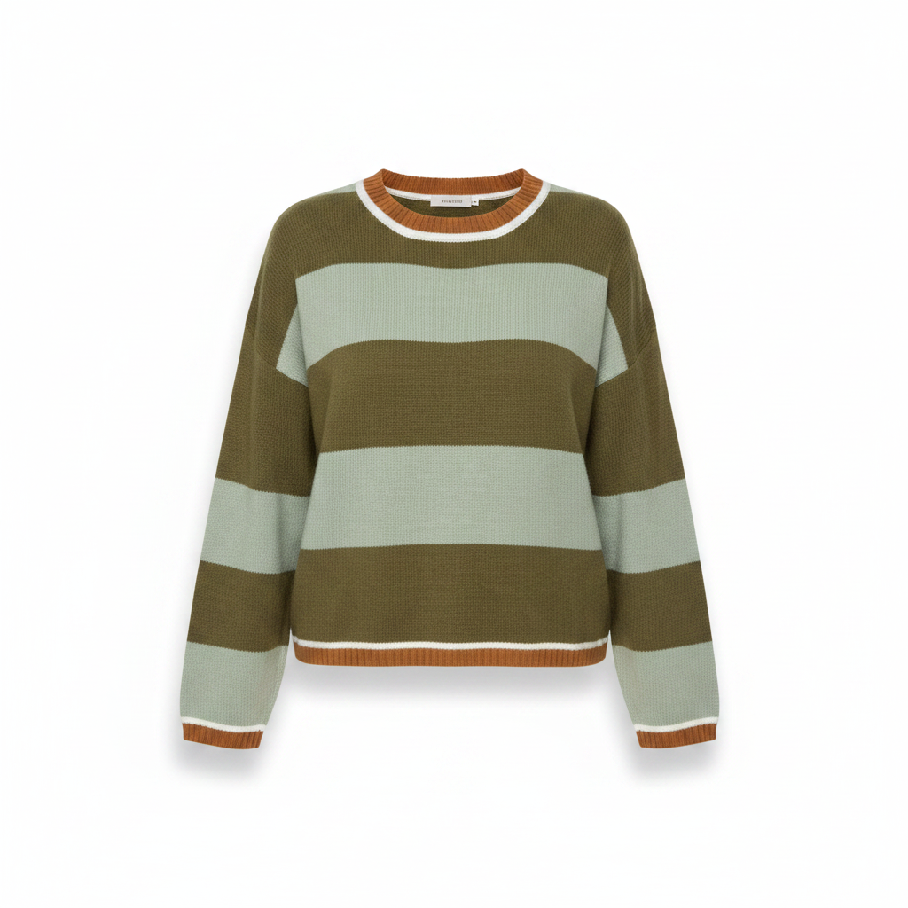 Annie Ks Boutique sage and olive green striped cozy knit sweater with a crew neckline and ribbed trim details.
