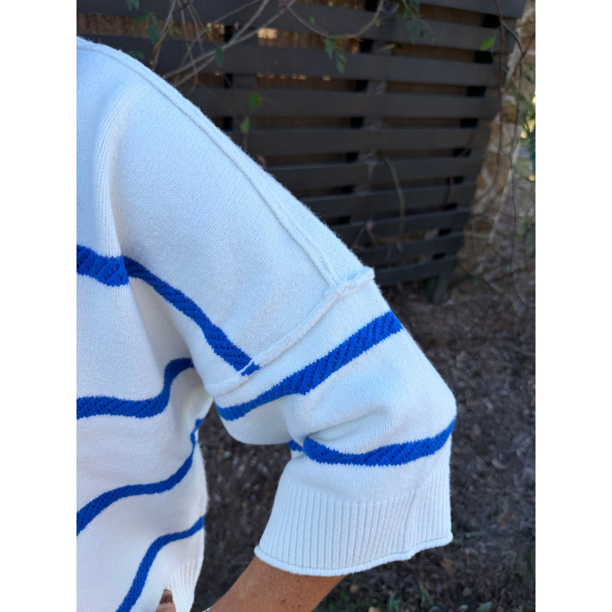 Annie Ks Boutique white and blue striped oversized crew sweater with dropped shoulder detail and ribbed cuffs