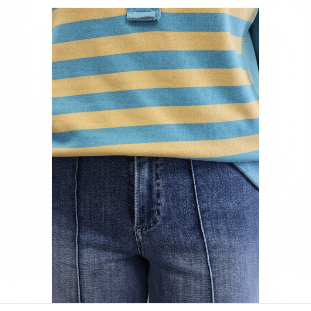 Annie Ks Boutique yellow and blue striped knit top with half-button detail paired with dark wash denim jeans
