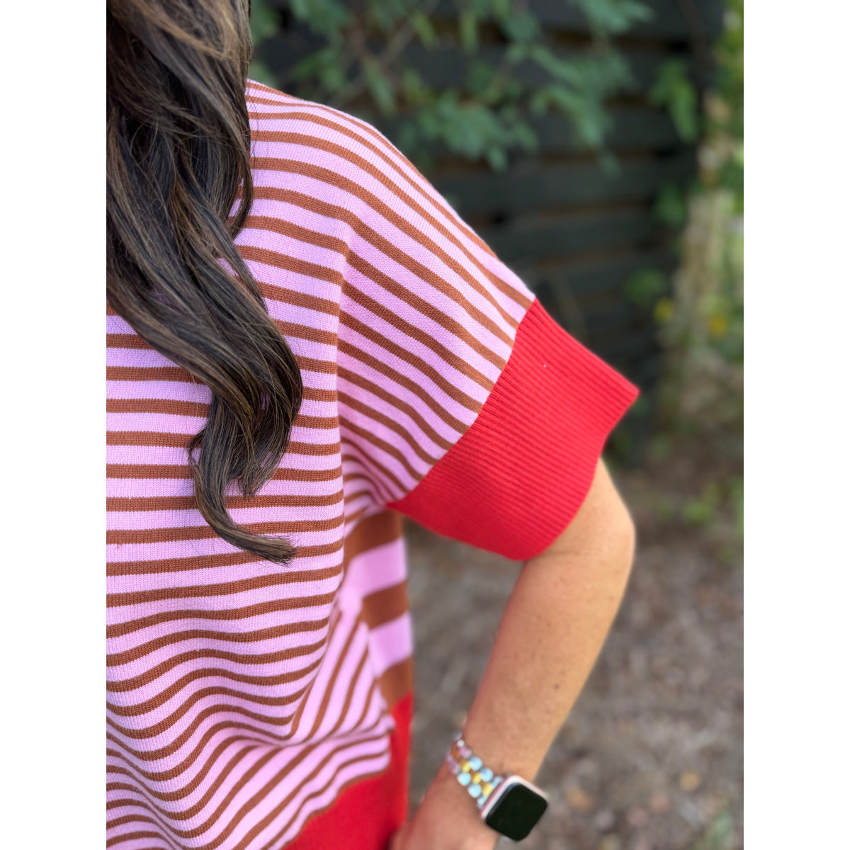 Annie Ks Boutique rust and caramel striped drop-shoulder sweater with ribbed sleeve detail