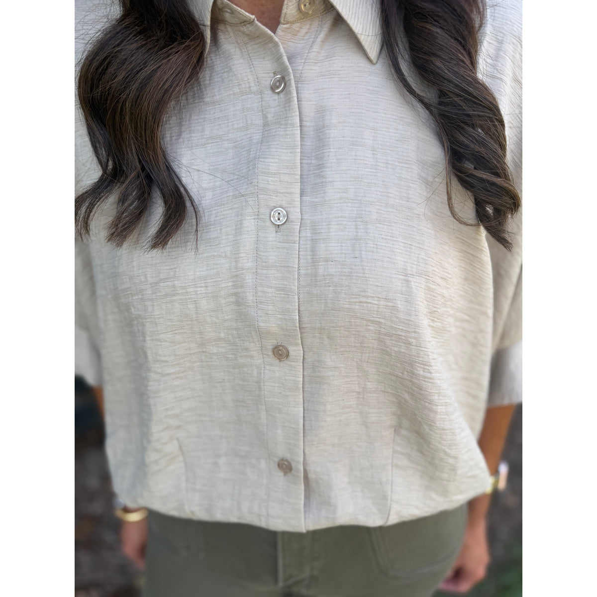 Annie Ks Boutique tan short sleeve blouse in textured satin with a classic collar and button-front closure