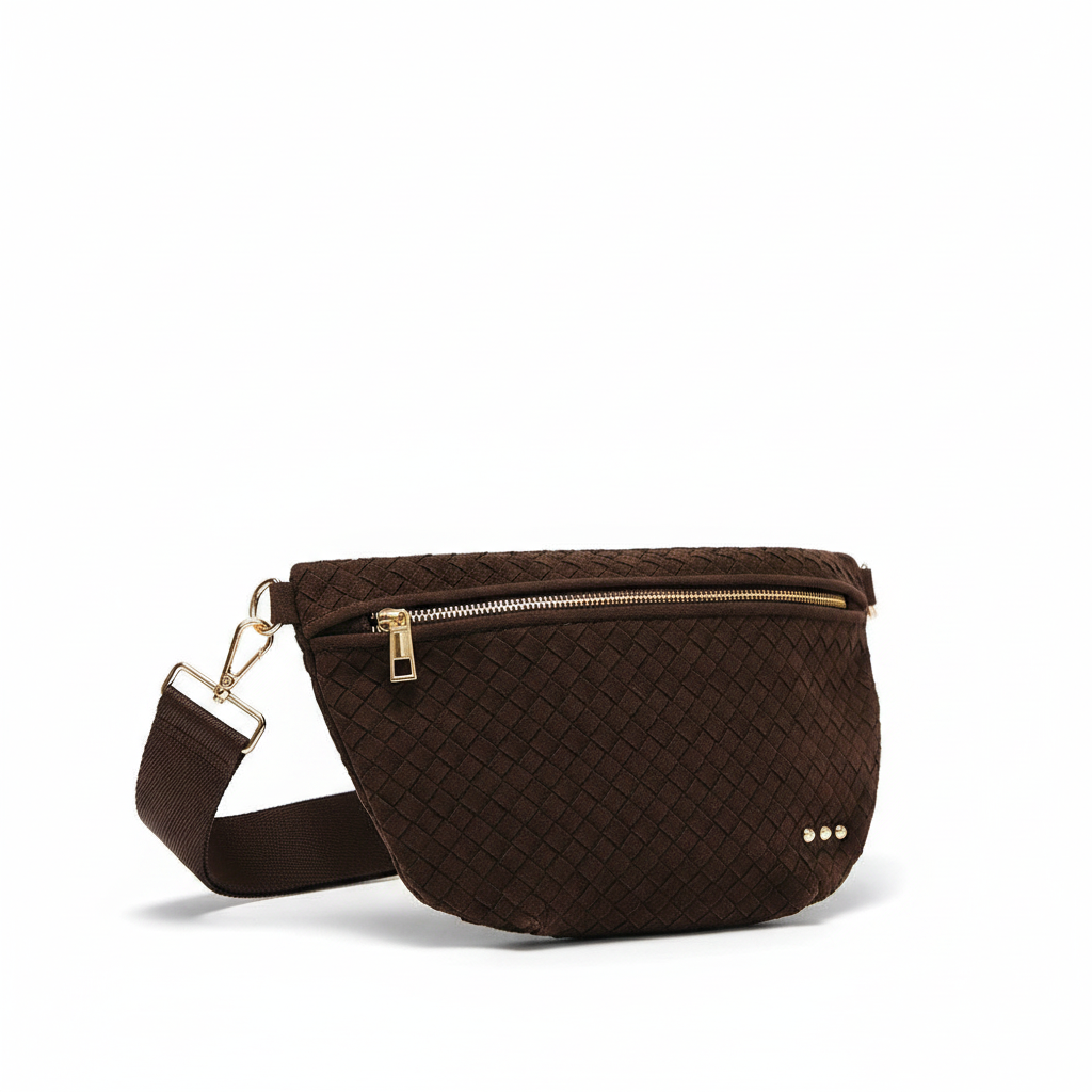 Annie Ks Boutique Westlyn woven bum bag in chocolate brown vegan suede with gold hardware and adjustable strap.