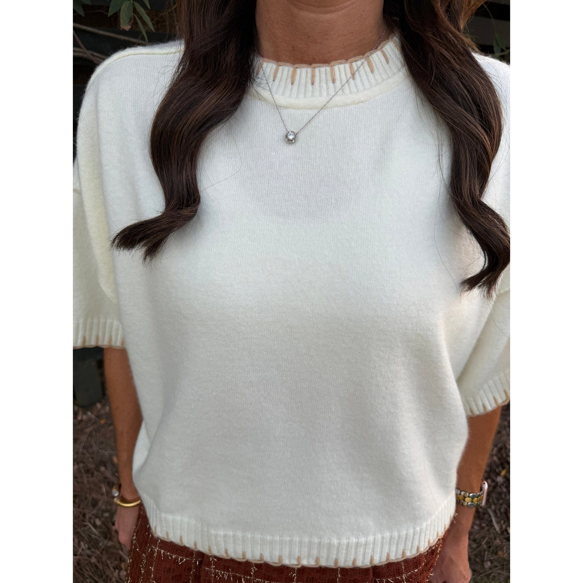 Annie Ks Boutique white and beige mock neck sweater with contrast blanket stitching and short sleeves