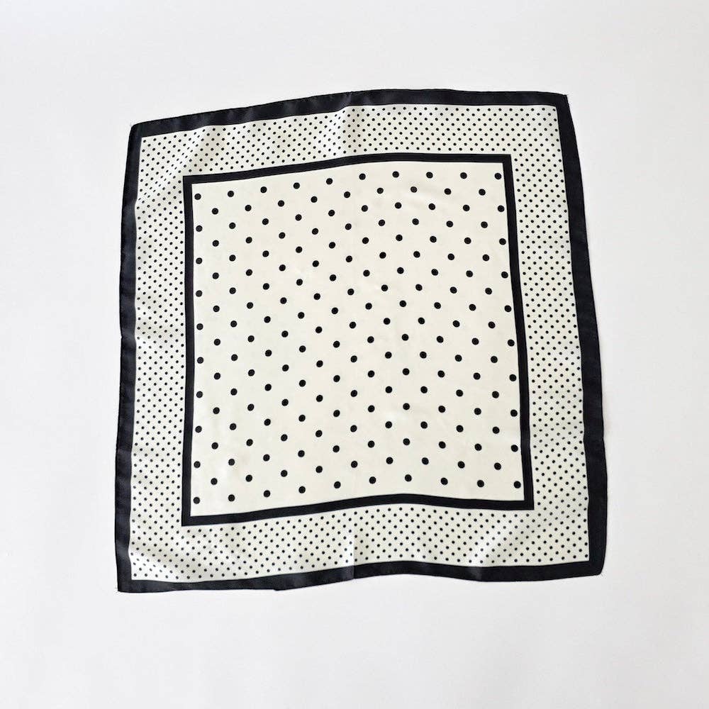 Annie Ks Boutique Alice square scarf in white with black polka dots and a solid black border on a white background.