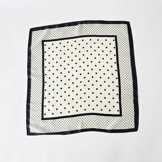 Annie Ks Boutique Alice square scarf in white with black polka dots and a solid black border on a white background.