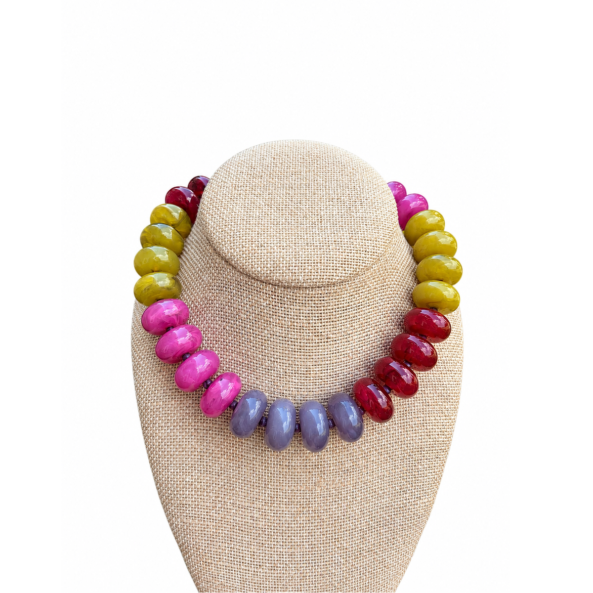 Annie Ks Boutique Wildflower Rory statement necklace with vibrant chartreuse, berry red, pink, and lavender beads.