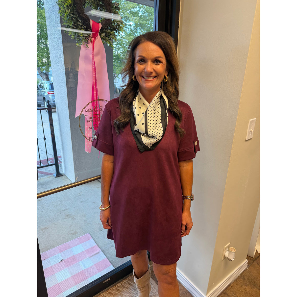 Annie Ks Boutique wine faux suede mini dress with a collar, styled with a polka dot scarf and beige boots