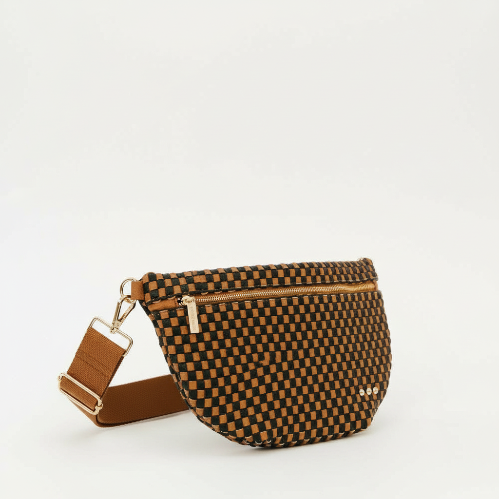 Annie Ks Boutique Westlyn woven bum bag in checkered coffee vegan leather with gold hardware and adjustable strap