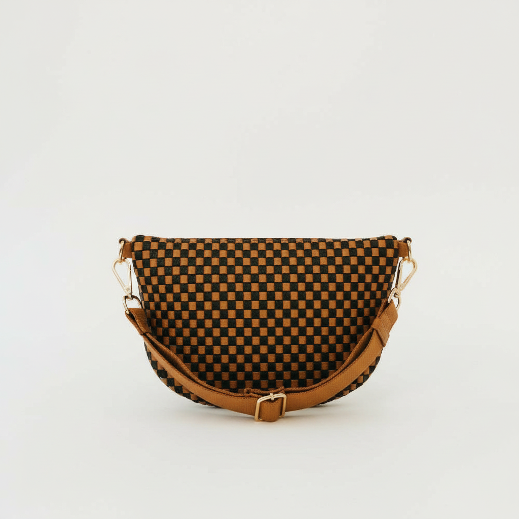 Annie Ks Boutique Westlyn woven vegan leather bum bag in a checkered coffee pattern with gold hardware.