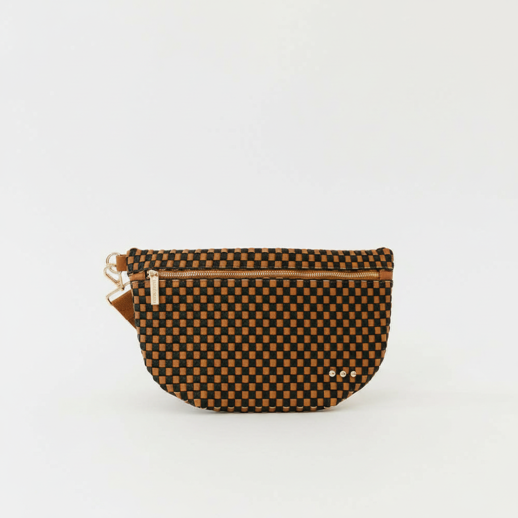Annie Ks Boutique Westlyn woven bum bag in checkered coffee vegan leather with gold hardware and zipper closure