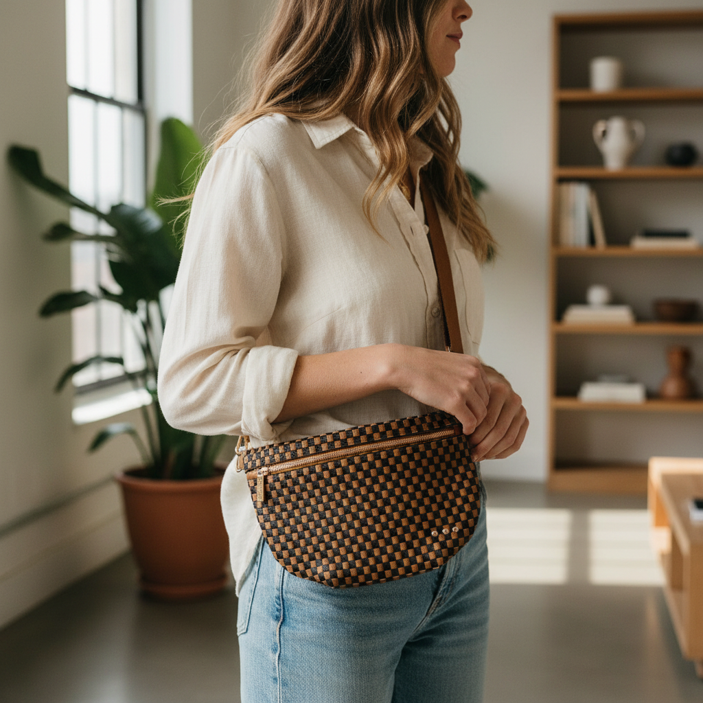 Annie Ks Boutique Westlyn woven bum bag in checkered coffee vegan leather worn crossbody with gold hardware