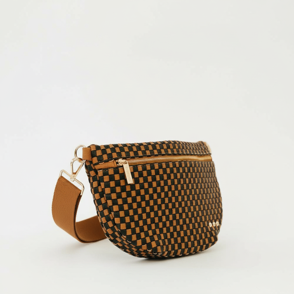Annie Ks Boutique Westlyn woven vegan leather bum bag in a checkered coffee pattern with gold hardware and brown strap