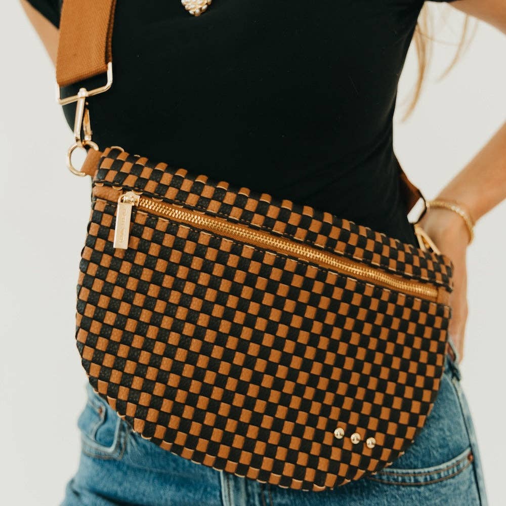 Annie Ks Boutique Westlyn woven vegan leather bum bag in checkered coffee with gold hardware and adjustable strap