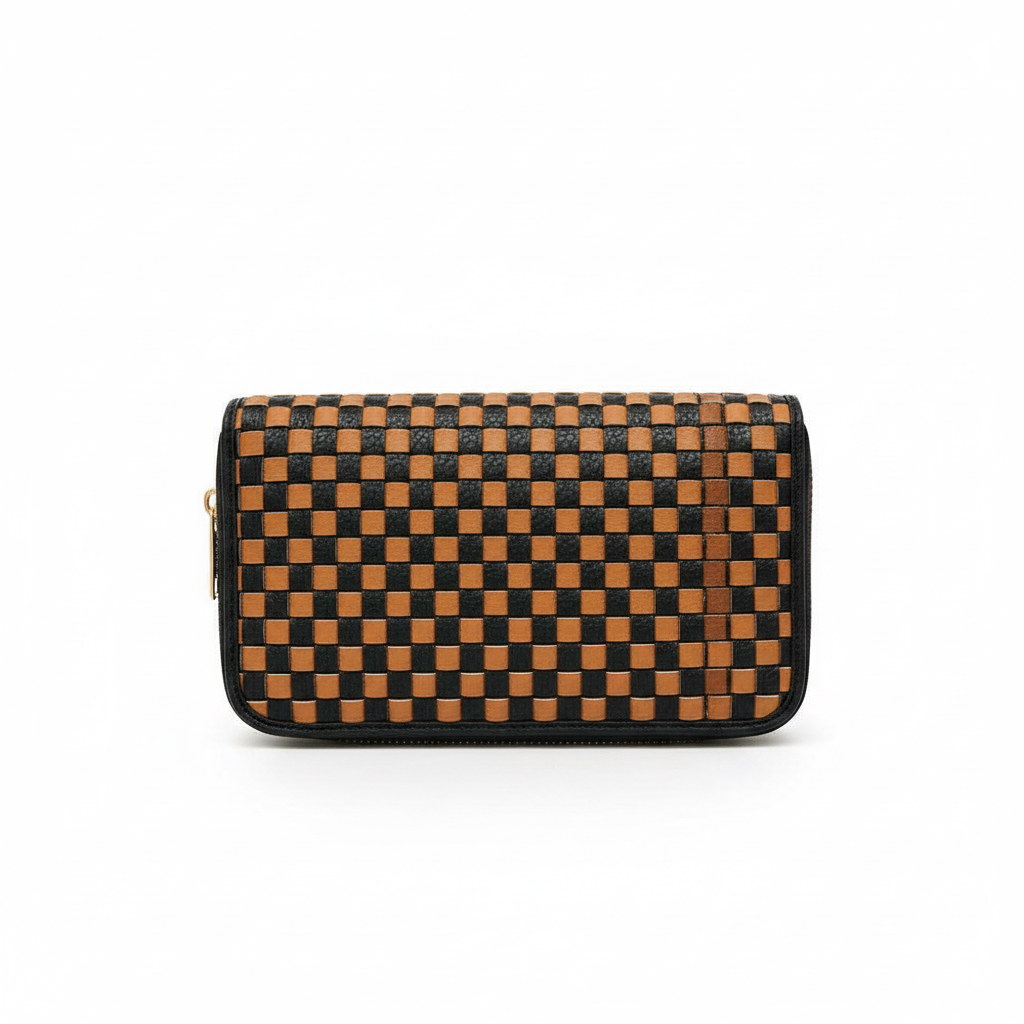 Annie Ks Boutique Lenni large zip wallet in woven checkered coffee vegan leather with a secure zip-around closure.
