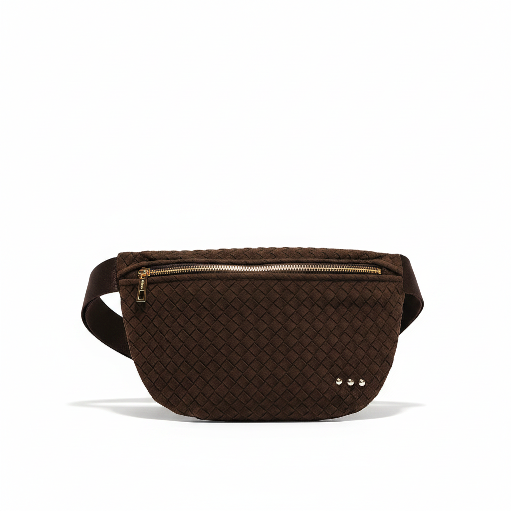 Annie Ks Boutique Westlyn woven bum bag in chocolate brown vegan suede with a zip closure and adjustable strap.