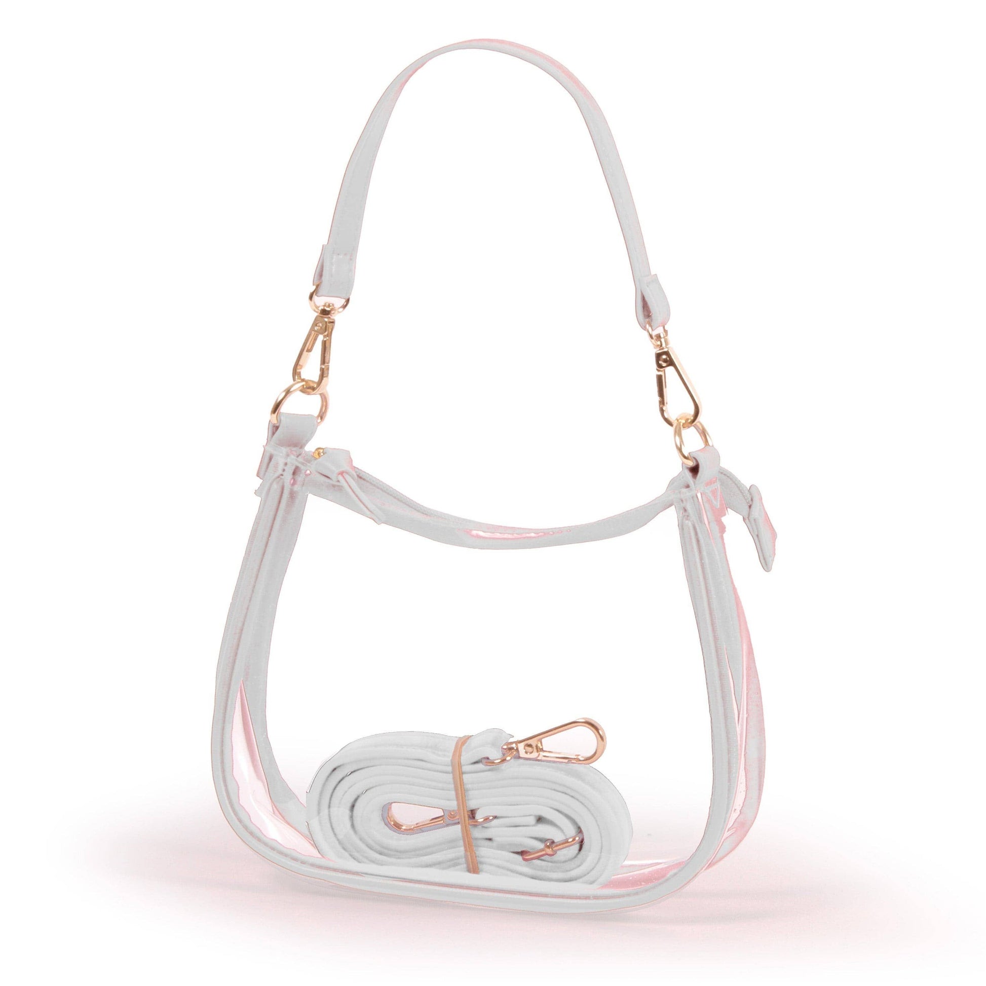 white clear stadium bag with gold hardware on a white background