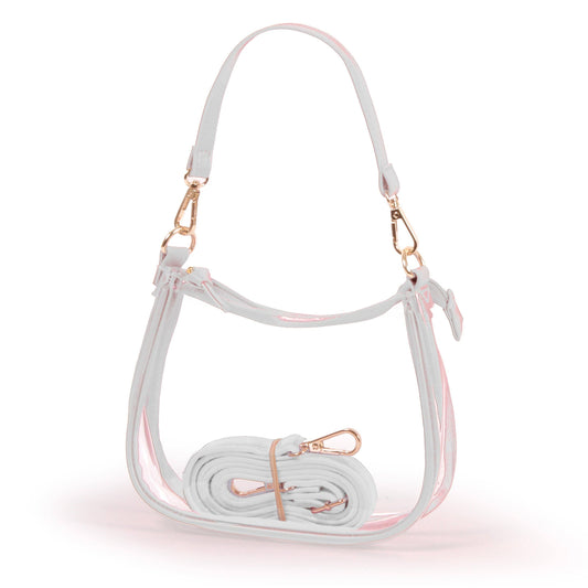 white clear stadium bag with gold hardware on a white background