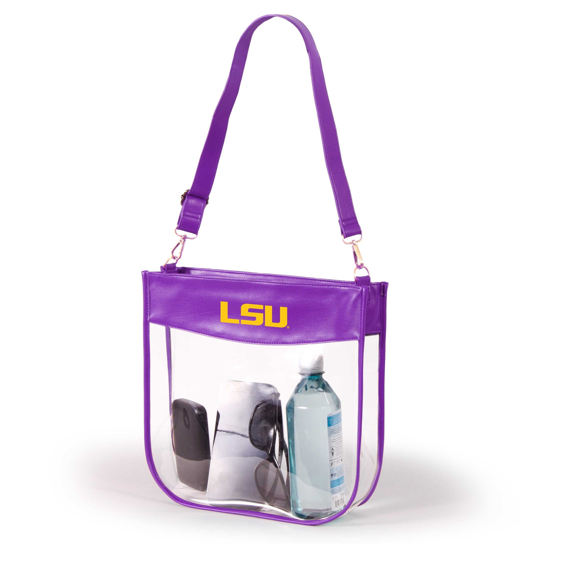A purple and clear plastic shoulder bag with a long purple strap and gold 'LSU' lettering on the front, shown on a white background with various items inside.