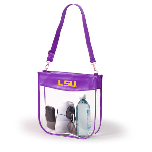 A purple and clear plastic shoulder bag with a long purple strap and gold 'LSU' lettering on the front, shown on a white background with various items inside.