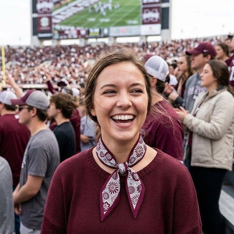 Woman in maroon sweater with patterned scarf at a sports event, smiling.